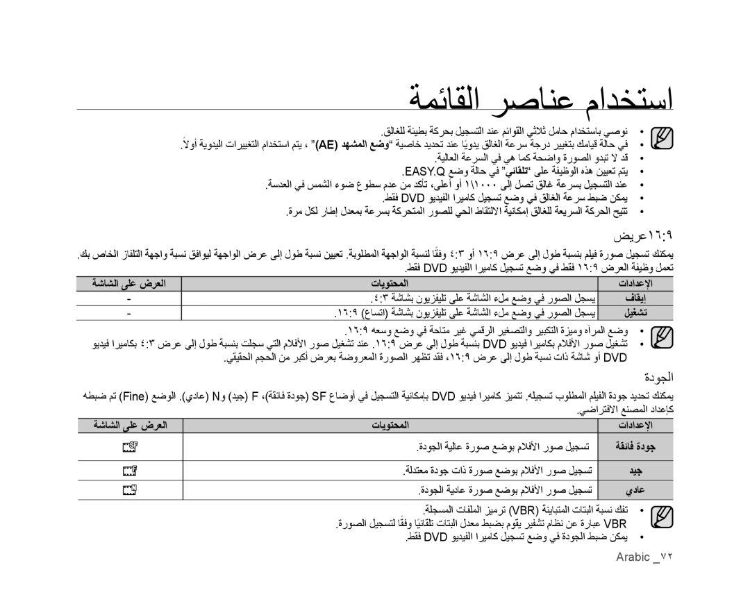 Samsung VP-DX100/KNT manual ﺾﻳﺮﻋ١٦٩, ﺔﻟﺪﺘﻌﻣ ﺓﺩﻮﺟ ﺕﺍﺫ ﺓﺭﻮﺻ ﻊﺿﻮﺑ ﻡﻼﻓﻷﺍ ﺭﻮﺻ ﻞﻴﺠﺴﺗ, ﺓﺩﻮﺠﻟﺍ ﺔﻳﺩﺎﻋ ﺓﺭﻮﺻ ﻊﺿﻮﺑ ﻡﻼﻓﻷﺍ ﺭﻮﺻ ﻞﻴﺠﺴﺗ 