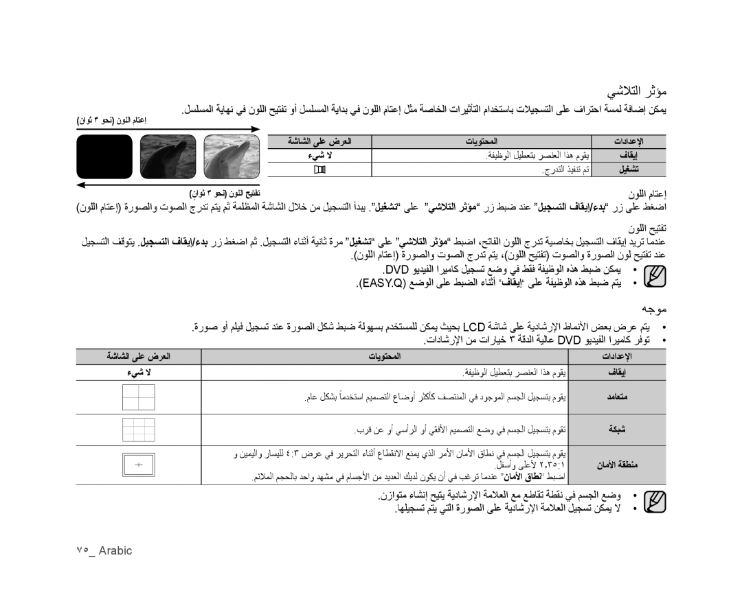 Samsung VP-DX105I/UMG, VP-DX100/ADL manual ﻲﺷﻼﺘﻟﺍ ﺮﺛﺆﻣ, ﻪﺟﻮﻣ, ﺕﺍﺩﺎﺷﺭﻹﺍ ﻦﻣ ﺕﺍﺭﺎﻴﺧ ٣ ﺔﻗﺪﻟﺍ ﺔﻴﻟﺎﻋ DVD ﻮﻳﺪﻴﻔﻟﺍ ﺍﺮﻴﻣﺎﻛ ﺮﻓﻮﺗ 