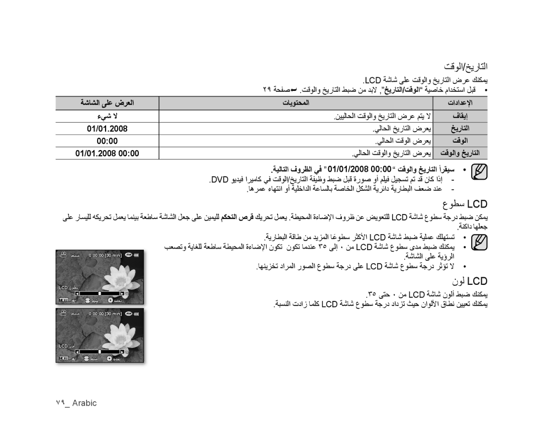 Samsung VP-MX25E/HAC manual ﺖﻗﻮﻟﺍ/ﺦﻳﺭﺎﺘﻟﺍ, ﻉﻮﻄﺳ Lcd, ﻥﻮﻟ Lcd, ﺔﻴﻟﺎﺘﻟﺍ ﻑﻭﺮﻈﻟﺍ ﻲﻓ 01/01/2008 0000 ﺖﻗﻮﻟﺍﻭ ﺦﻳﺭﺎﺘﻟﺍ ﺃﺮﻘﻴﺳ 