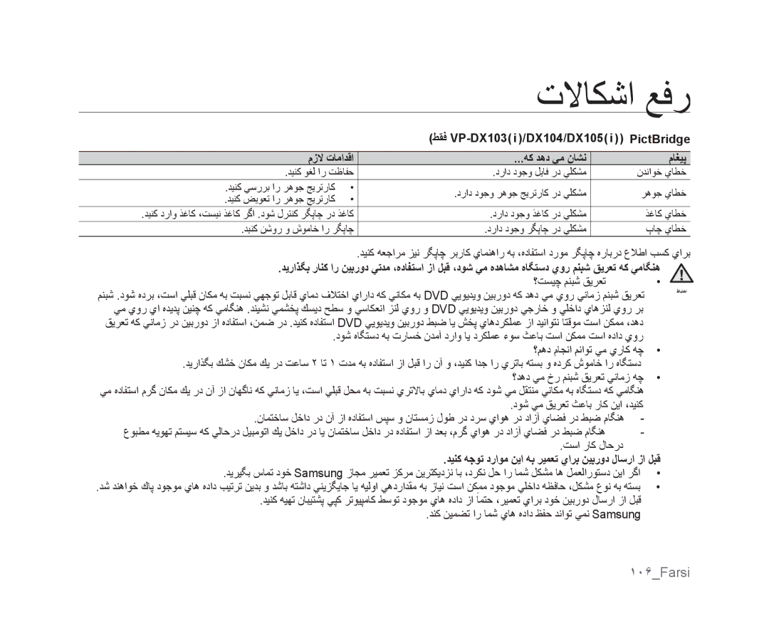 Samsung VP-MX25E/HAC, VP-DX105I/UMG ١٠۶Farsi, ﻂﻘﻓ VP-DX103 i /DX104/DX105 i PictBridge, ﻡﺯﻻ ﺕﺎﻣﺍﺪﻗﺍ ﻪﻛ ﺪﻫﺩ ﻲﻣ ﻥﺎﺸﻧ ﻡﺎﻐﻴﭘ 