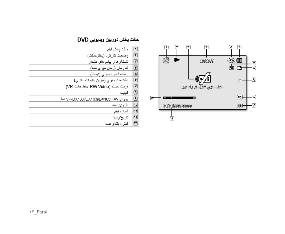 Samsung VP-MX25E/MEA, VP-DX105I/UMG manual Dvd ﻲﻳﻮﻳﺪﻳﻭ ﻦﻴﺑﺭﻭﺩ ﺶﺨﭘ ﺖﻟﺎﺣ, ﺍﺪﺻ ﻥﺩﻭﺰﻓﺍ ﻢﻠﻴﻓ ﻩﺭﺎﻤﺷ ﻥﺎﻣﺯ/ﺦﻳﺭﺎﺗ ﺍﺪﺻ ﻱﺪﻨﻠﺑ ﻝﺮﺘﻨﻛ 