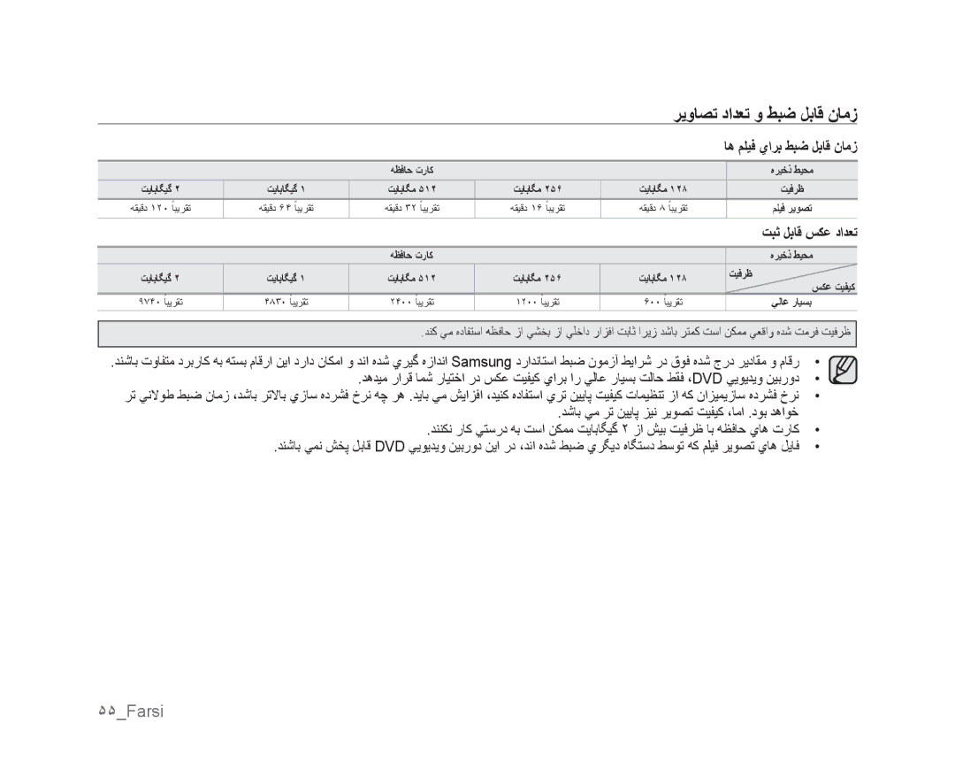 Samsung VP-DX103/KNT, VP-DX105I/UMG, VP-DX100/ADL manual ﺮﻳﻭﺎﺼﺗ ﺩﺍﺪﻌﺗ ﻭ ﻂﺒﺿ ﻞﺑﺎﻗ ﻥﺎﻣﺯ, ۵۵Farsi, ﺎﻫ ﻢﻠﻴﻓ ﻱﺍﺮﺑ ﻂﺒﺿ ﻞﺑﺎﻗ ﻥﺎﻣﺯ 