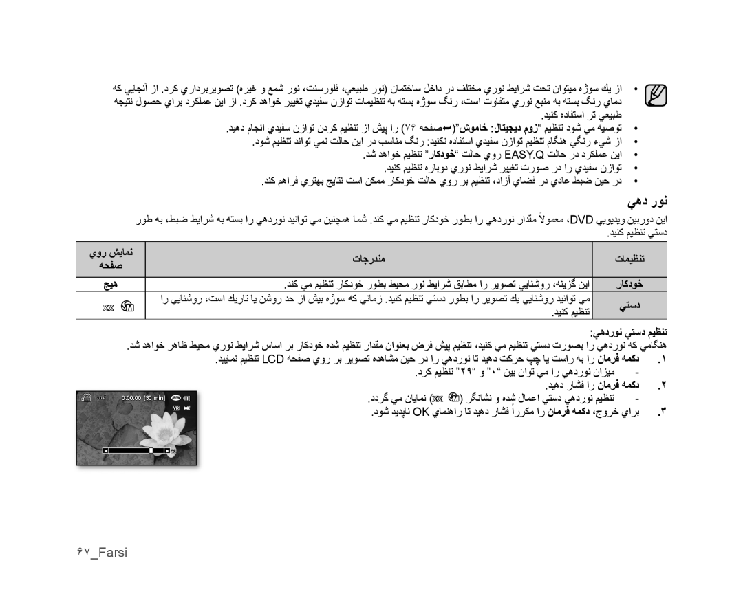 Samsung VP-DX100/ADL, VP-DX105I/UMG, VP-MX25E/MEA, VP-DX105I/MEA, VP-MX25E/HAC manual ﻲﻫﺩ ﺭﻮﻧ, ۶٧Farsi, ﻲﻫﺩﺭﻮﻧ ﻲﺘﺳﺩ ﻢﻴﻈﻨﺗ 