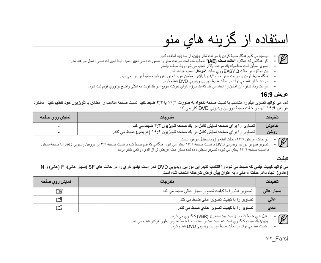 Samsung VP-DX100/KNT, VP-DX105I/UMG, VP-DX100/ADL manual 169 ﺾﻳﺮﻋ, ٧٢Farsi, ﺪﻨﻛ ﻲﻣ ﻂﺒﺿ ﻲﻟﺎﻋ ﺮﻳﻮﺼﺗ ﺖﻴﻔﻴﻛ ﺎﺑ ﺍﺭ ﺮﻳﻭﺎﺼﺗ 