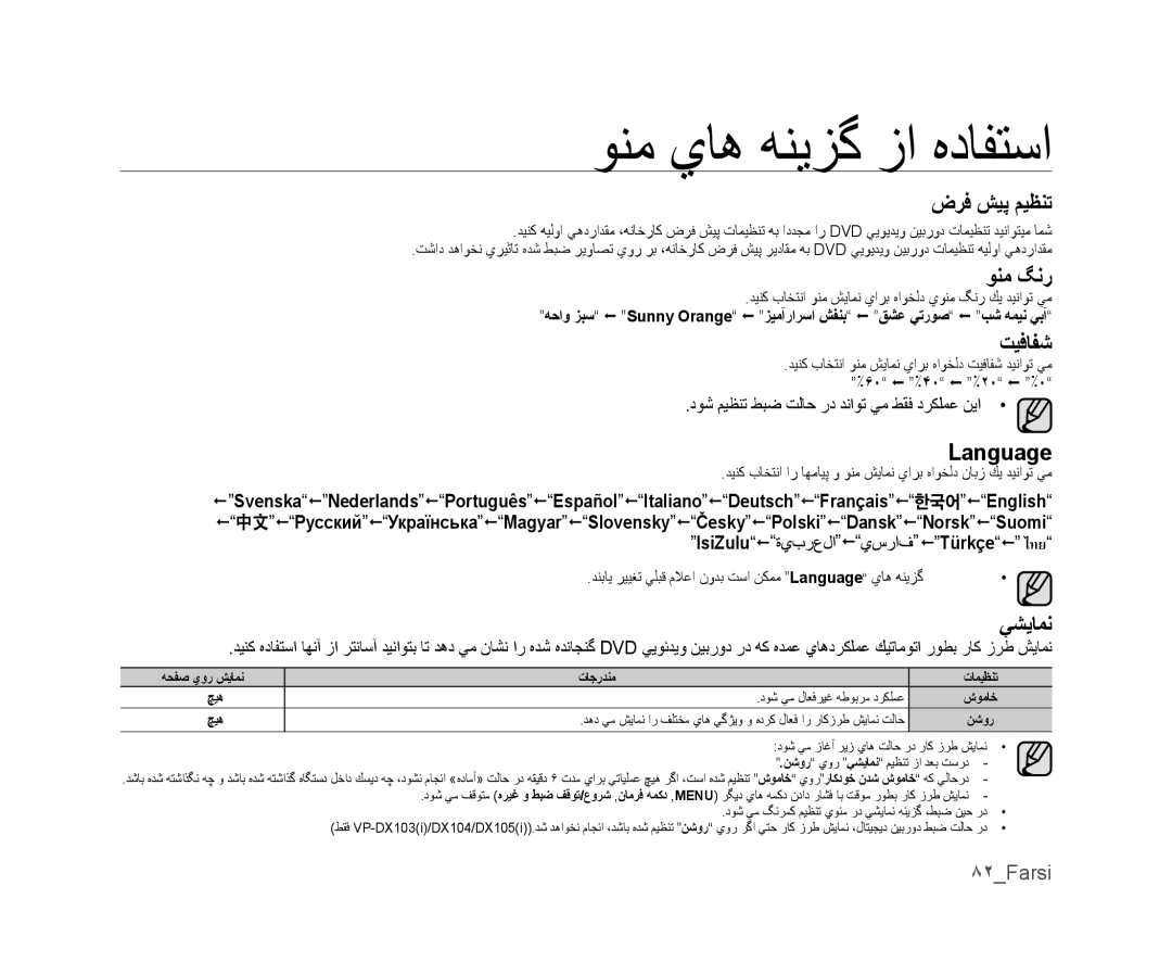 Samsung VP-DX103/KNT, VP-DX105I/UMG, VP-DX100/ADL, VP-MX25E/MEA manual ﺽﺮﻓ ﺶﻴﭘ ﻢﻴﻈﻨﺗ, ﻮﻨﻣ ﮓﻧﺭ, ﺖﻴﻓﺎﻔﺷ, Language, ﻲﺸﻳﺎﻤﻧ 