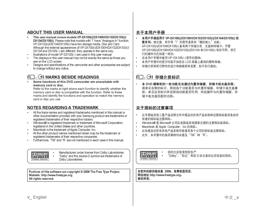 Samsung VP-DX105/ESS, VP-DX105/XEF, VP-MX25E/EDC, VP-DX100/XEF manual 关于本用户手册, Marks Beside Headings, 存储介质标识, 关于商标的注意事项 