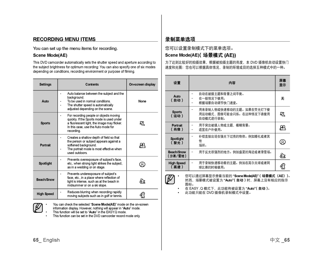 Samsung VP-DX100/ADL Recording Menu Items, You can set up the menu items for recording, Scene ModeAE, 您可以设置录制模式下的菜单选项。 