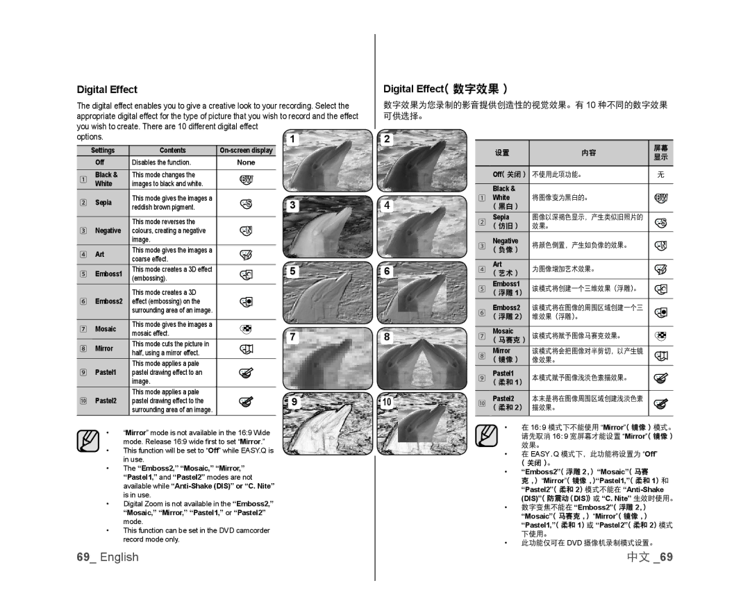 Samsung VP-DX100I/MEA, VP-DX105/XEF manual Digital Effect 数字效果, Options, 数字效果为您录制的影音提供创造性的视觉效果。有 10 种不同的数字效果 可供选择。 