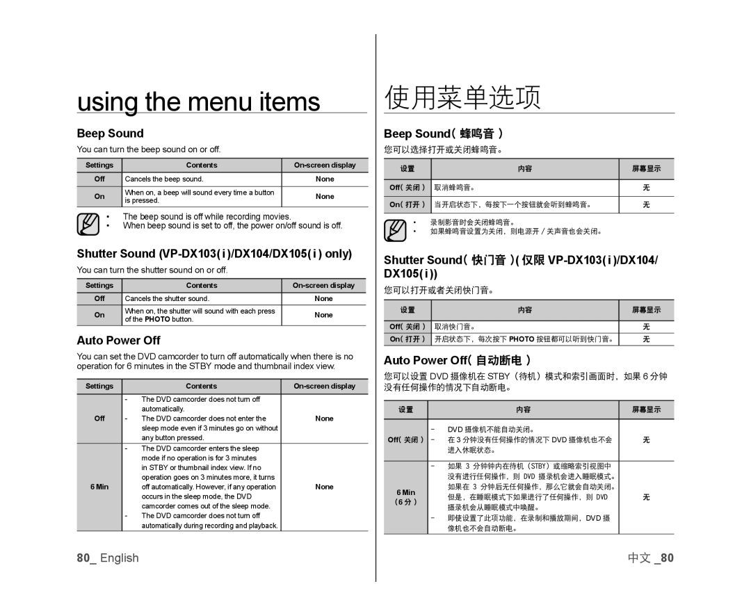 Samsung VP-DX100I/XER, VP-DX105/XEF manual Beep Sound, Shutter Sound VP-DX103 i /DX104/DX105 i only, Auto Power Off 自动断电 