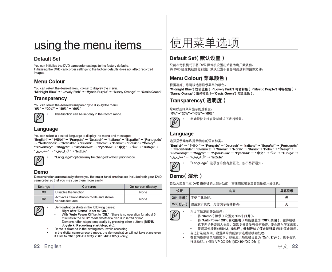 Samsung VP-DX100I/XEK manual Language, Default Set 默认设置, Menu Colour 菜单颜色, Transparency 透明度, Demo 演示 