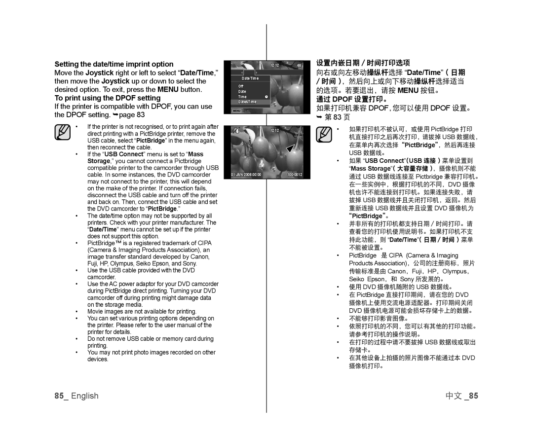 Samsung VP-MX25E/EDC Setting the date/time imprint option, To print using the Dpof setting, 如果 USB ConnectUSB 连接 菜单设置到 