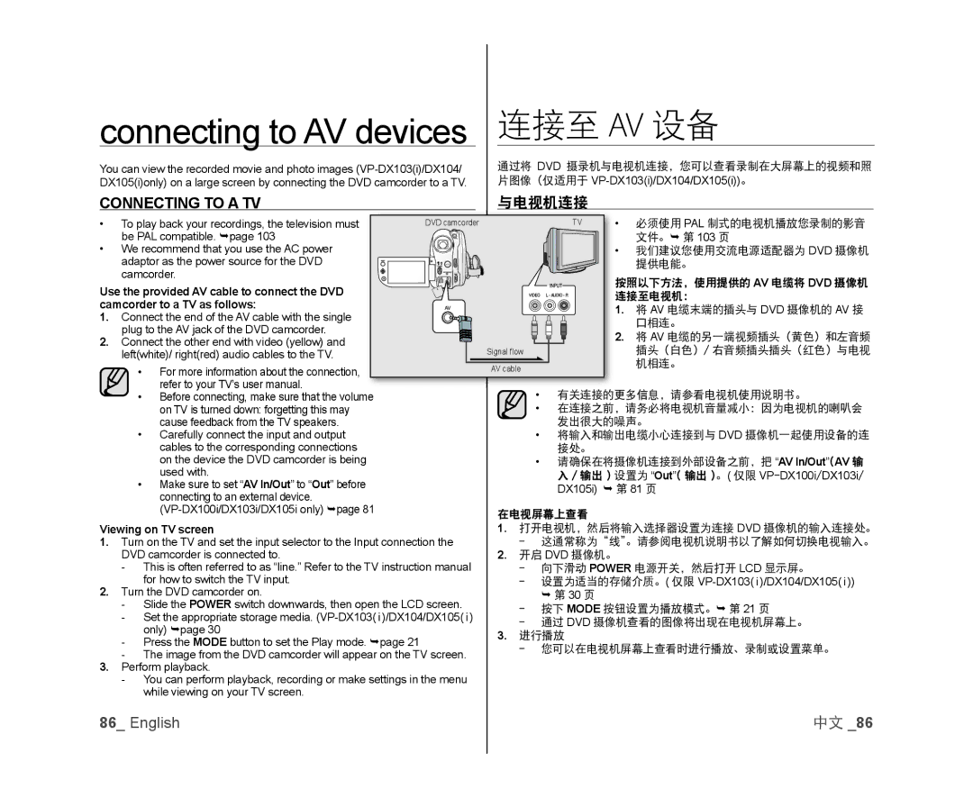 Samsung VP-DX100/XEF, VP-DX105/XEF, VP-MX25E/EDC manual Connecting to AV devices, 连接至 Av 设备, Connecting to a TV, 与电视机连接 