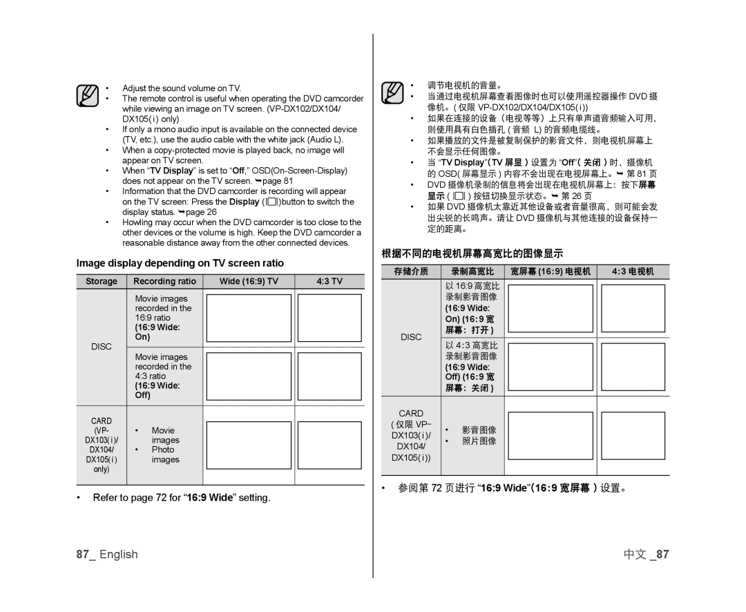 Samsung VP-DX103/XEF Image display depending on TV screen ratio, Refer to page 72 for 169 Wide setting, 根据不同的电视机屏幕高宽比的图像显示 