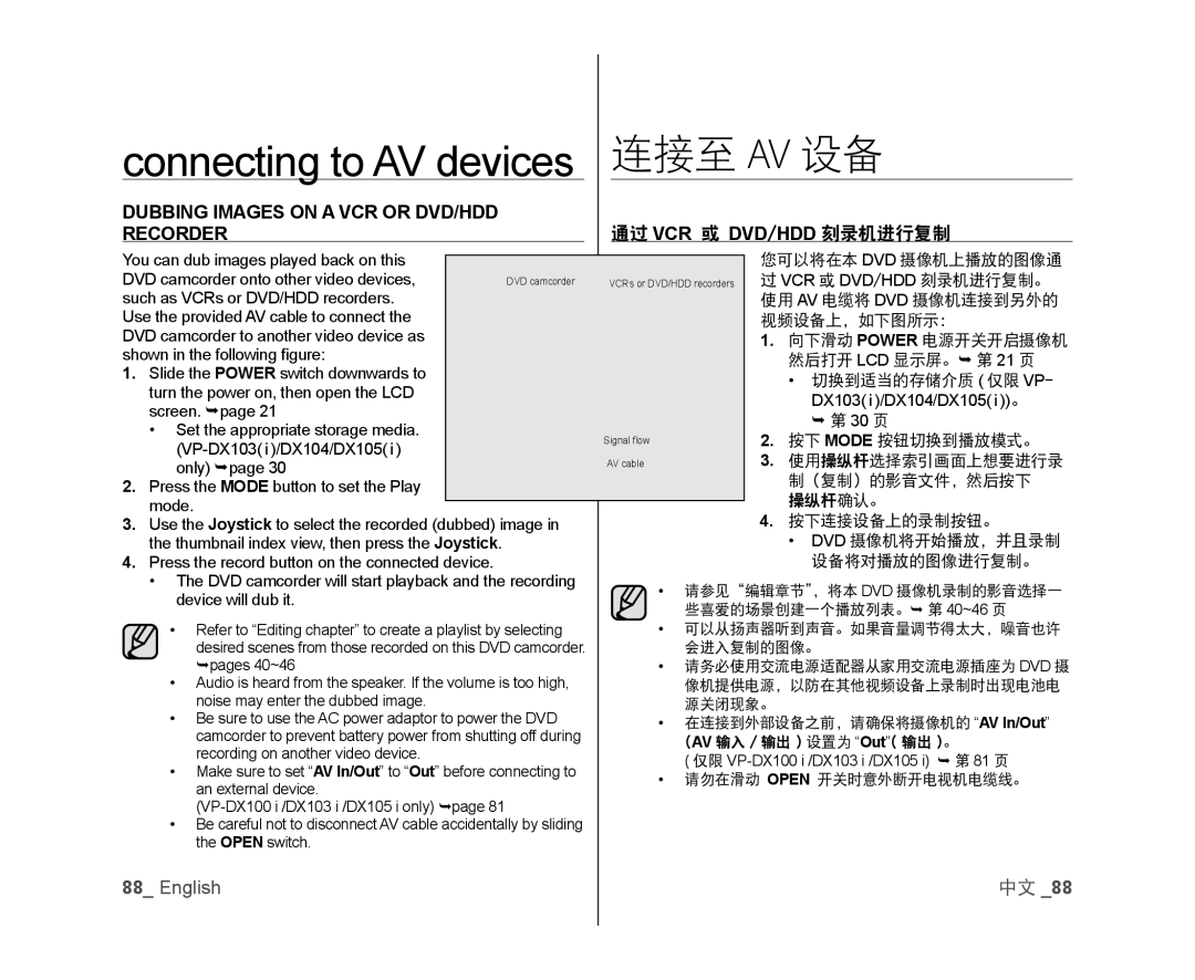 Samsung VP-DX100/XEO, VP-DX105/XEF, VP-MX25E/EDC manual Dubbing Images on a VCR or DVD/HDD Recorder, 通过 Vcr 或 Dvd/Hdd 刻录机进行复制 