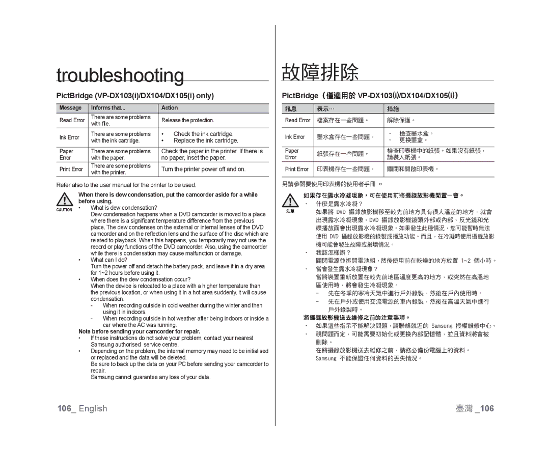 Samsung VP-DX103/XEE, VP-DX105/XEF manual PictBridge VP-DX103i/DX104/DX105i only, PictBridge（僅適用於 VP-DX103i/DX104/DX105i） 