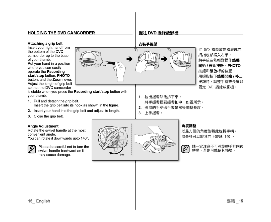 Samsung VP-DX100/XEE, VP-DX105/XEF, VP-MX25E/EDC, VP-DX100/XEF, VP-DX103/XEF manual Holding the DVD Camcorder, 握往 Dvd 攝錄放影機 