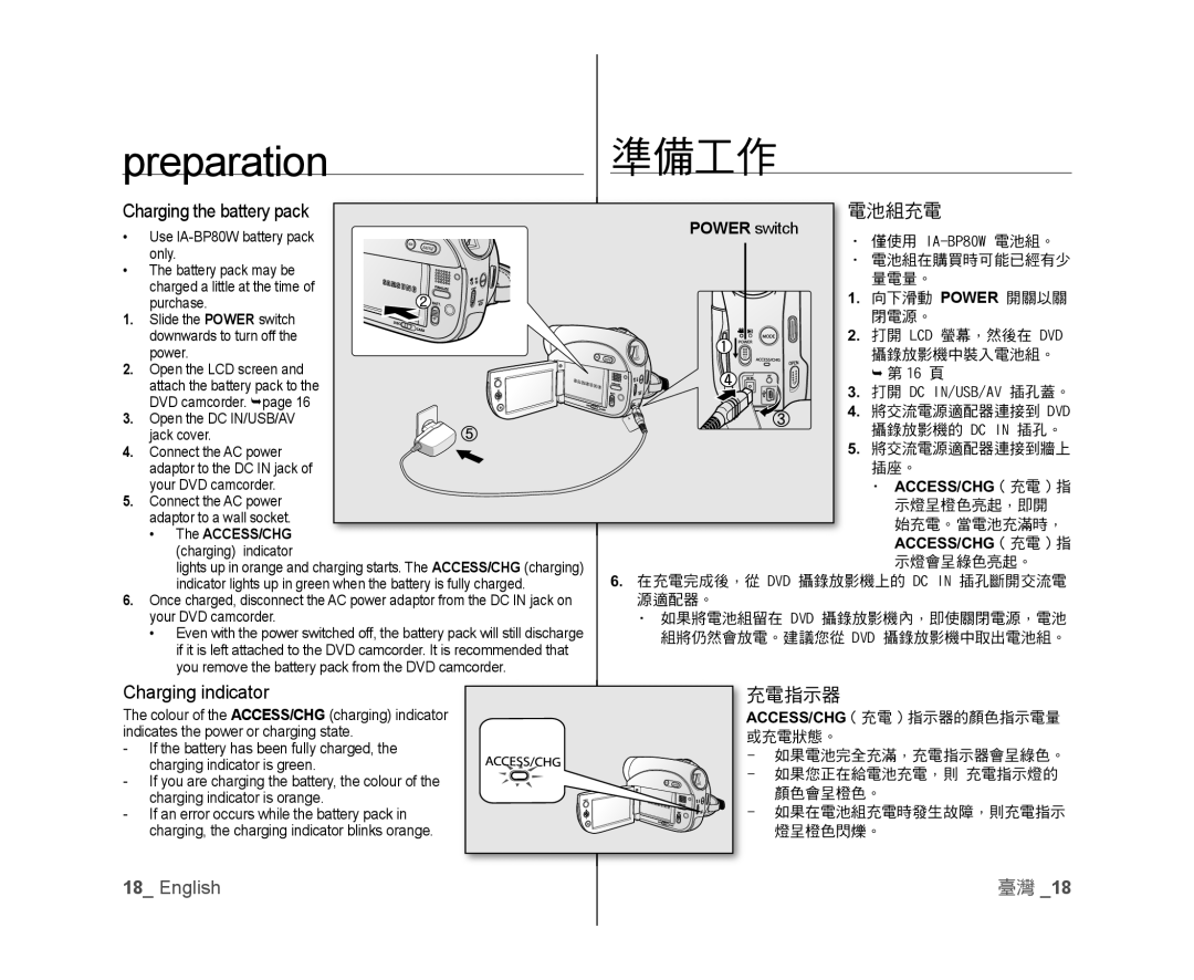 Samsung VP-DX103I/XEK, VP-DX105/XEF, VP-MX25E/EDC, VP-DX100/XEF Charging the battery pack, 電池組充電, Charging indicator, 充電指示器 