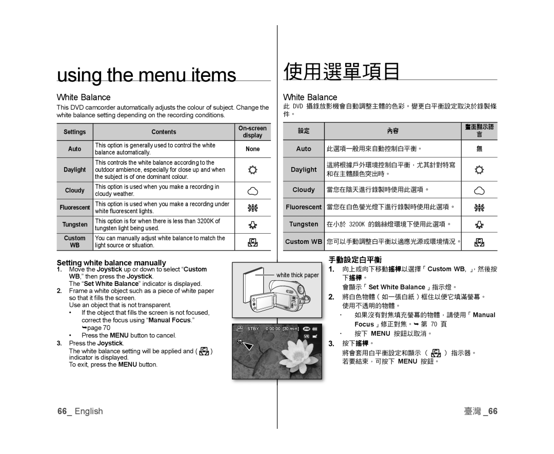 Samsung VP-MX25E/MEA, VP-DX105/XEF, VP-MX25E/EDC, VP-DX100/XEF White Balance, Setting white balance manually, 手動設定白平衡 