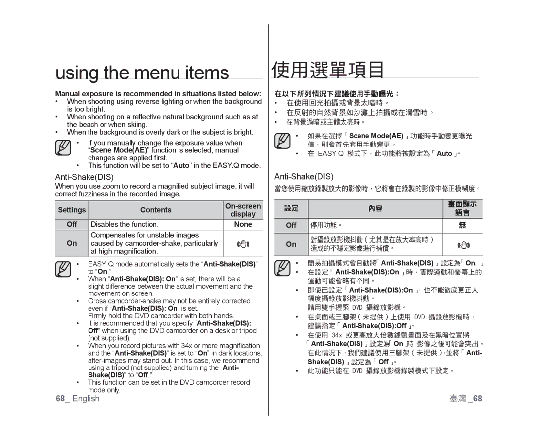 Samsung VP-MX25E/HAC, VP-DX105/XEF manual Anti-ShakeDIS, 在以下所列情況下建議使用手動曝光：, 畫面顯示, 停用功能。 對攝錄放影機抖動（尤其是在放大率高時） 造成的不穩定影像進行補償。 