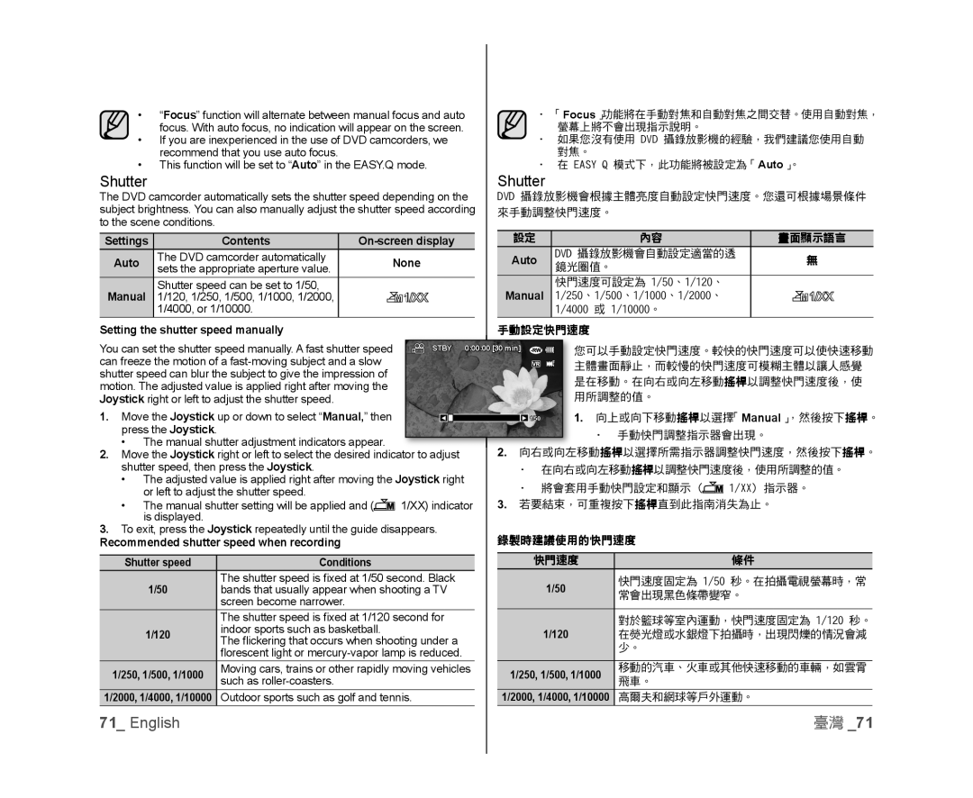 Samsung VP-DX103/KNT, VP-DX105/XEF, VP-MX25E/EDC, VP-DX100/XEF, VP-DX103/XEF, VP-DX100/XEO Shutter, 手動設定快門速度, 錄製時建議使用的快門速度 