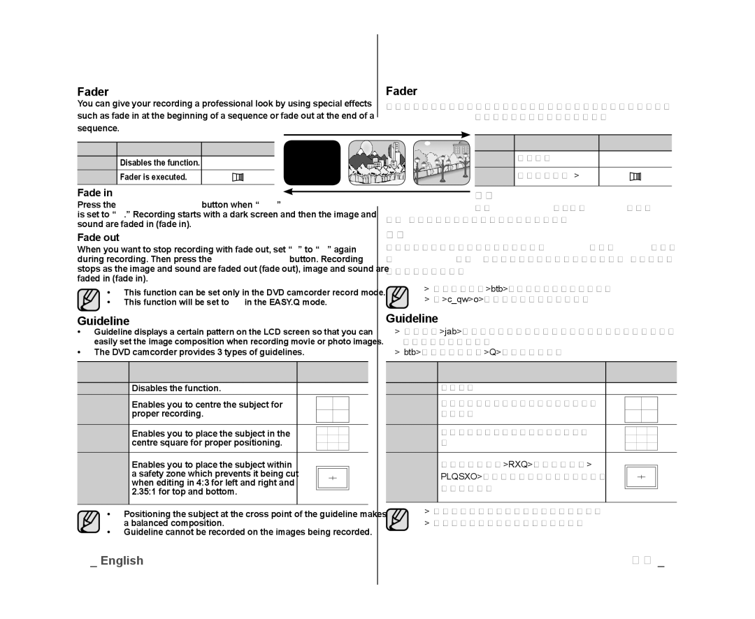 Samsung VP-DX100/XEE, VP-DX105/XEF, VP-MX25E/EDC, VP-DX100/XEF, VP-DX103/XEF, VP-DX100/XEO manual Fader, Guideline, Fade out 