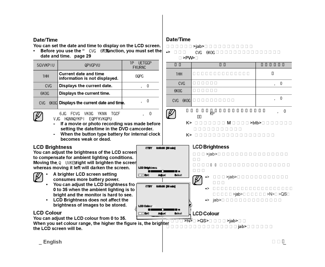 Samsung VP-MX25E/XER, VP-DX105/XEF, VP-MX25E/EDC, VP-DX100/XEF, VP-DX103/XEF manual Date/Time, LCD Brightness, LCD Colour 