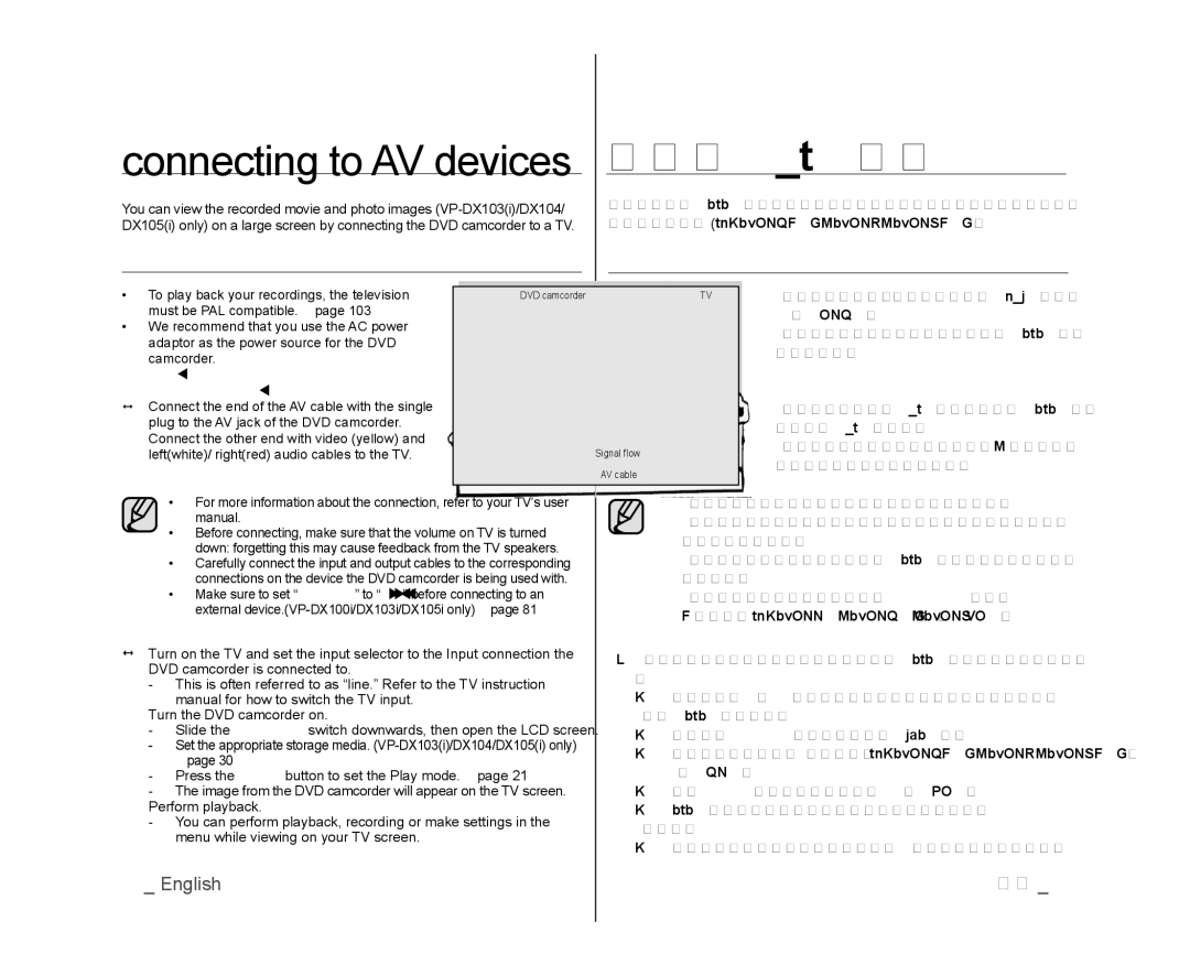 Samsung VP-DX100/XEF, VP-DX105/XEF, VP-MX25E/EDC, VP-DX103/XEF, VP-DX100/XEO manual Connecting to AV devices, 連接至 Av 裝置, 連接至電視機 