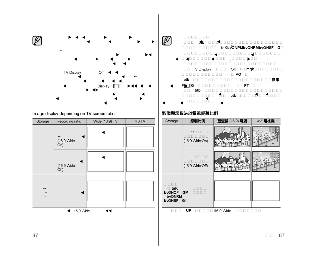 Samsung VP-DX103/XEF, VP-DX105/XEF, VP-MX25E/EDC manual Image display depending on TV screen ratio, 影像顯示取決於電視螢幕比例, 錄製比例 