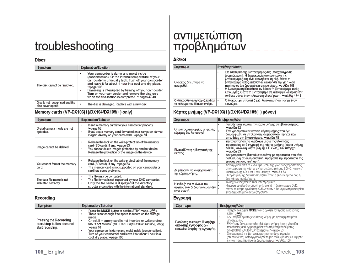 Samsung VP-DX103I/XEK, VP-DX105/XEF, VP-MX25E/EDC manual Memory cards VP-DX103i/DX104/DX105i only, Recording, Δίσκοι, Εγγραφή 