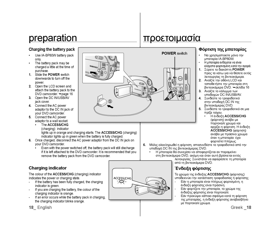 Samsung VP-DX103I/XEK, VP-DX105/XEF, VP-MX25E/EDC Preparationπροετοιμασία, Charging the battery pack, Φόρτιση της μπαταρίας 