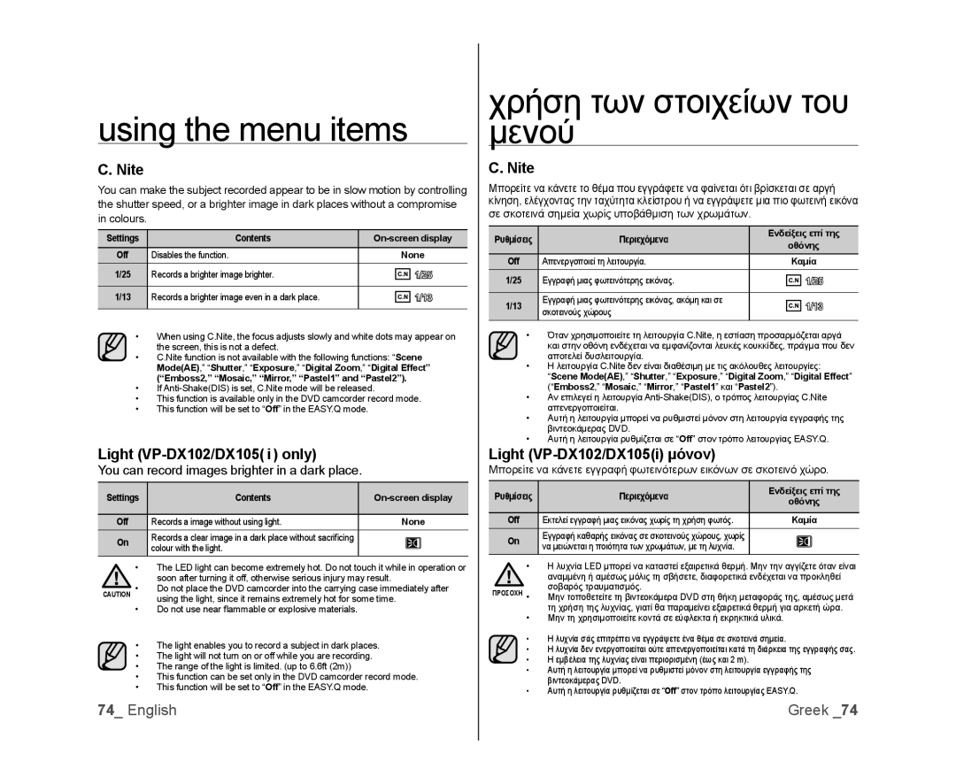 Samsung VP-DX105/XEO, VP-DX105/XEF, VP-MX25E/EDC manual Nite, Light VP-DX102/DX105 i only, Light VP-DX102/DX105i μόνον 