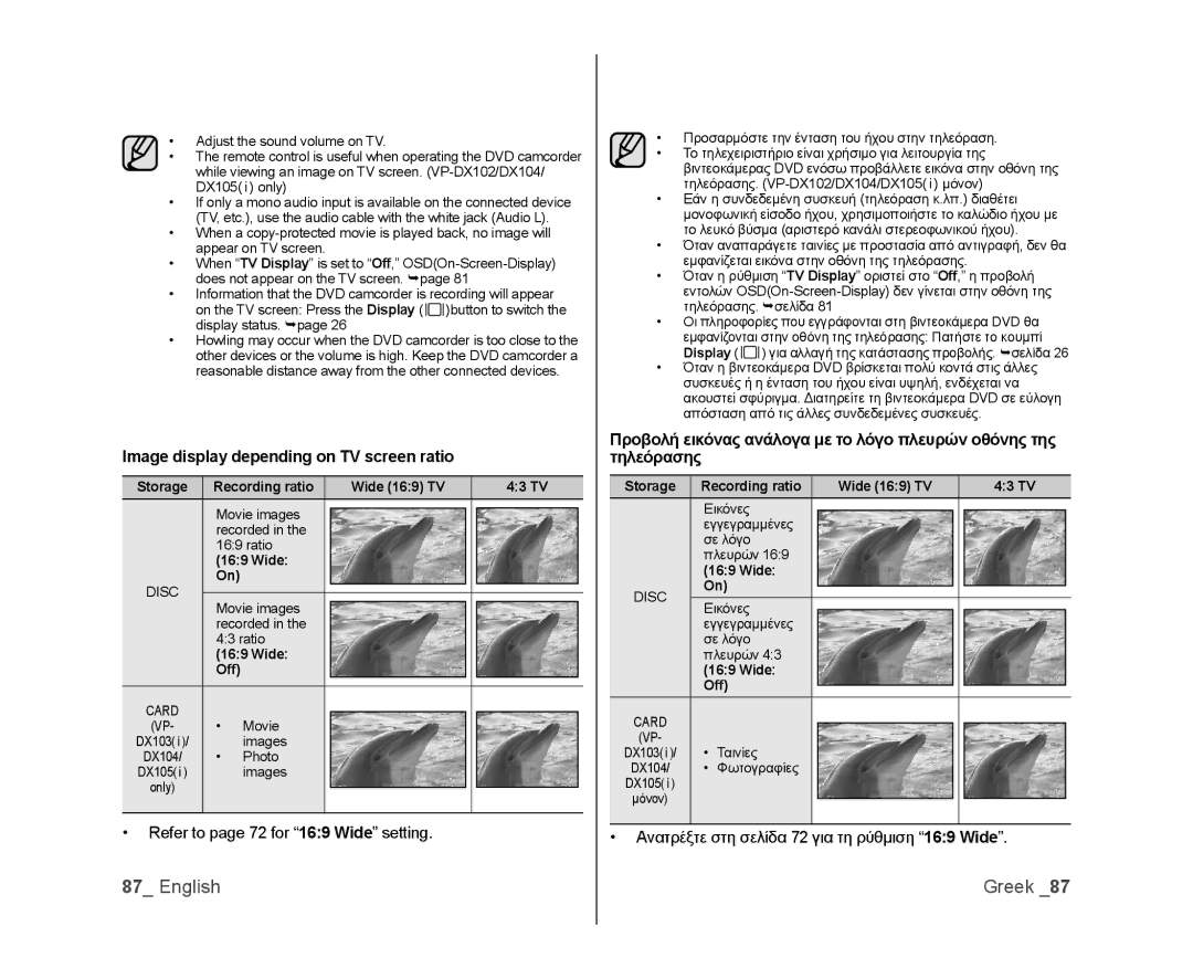 Samsung VP-DX103/XEF, VP-DX105/XEF manual Image display depending on TV screen ratio, Refer to page 72 for 169 Wide setting 