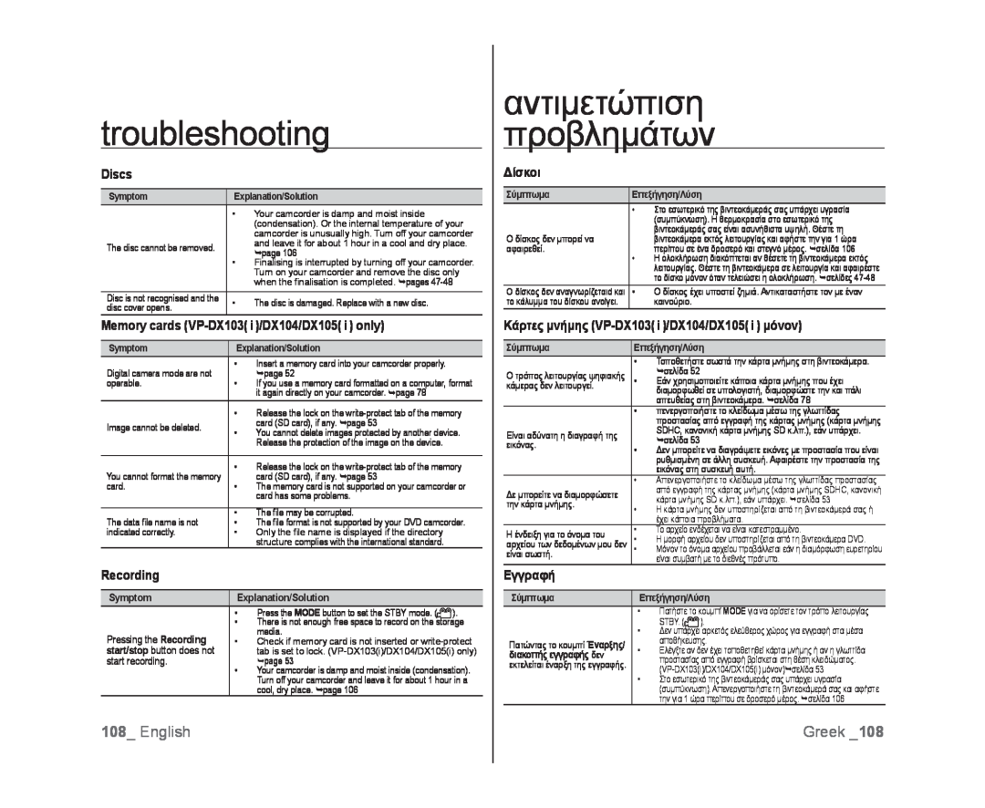 Samsung VP-DX103I/XEK manual English, troubleshooting, αντιμετώπιση προβλημάτων, Greek, Discs, Recording, Δίσκοι, Εγγραφή 