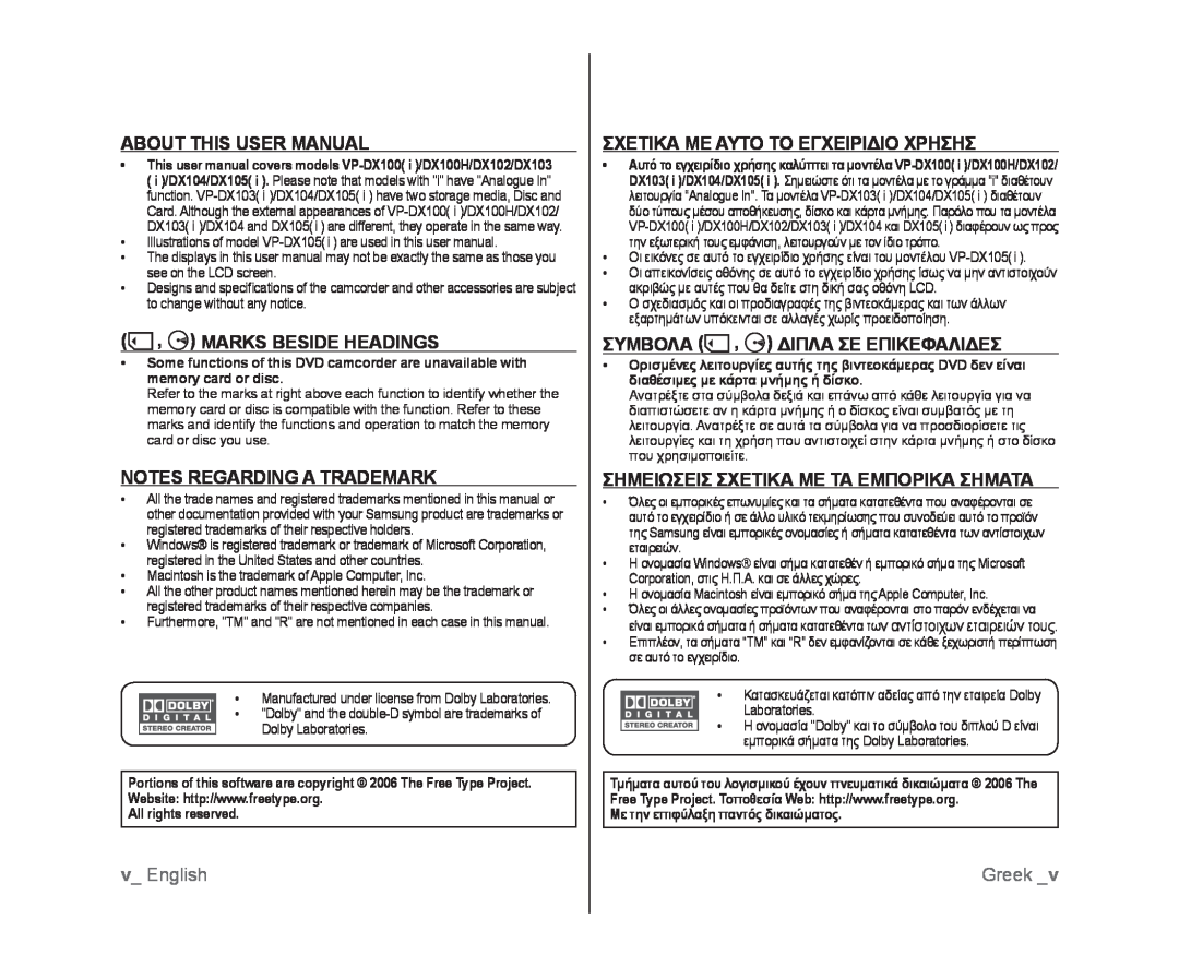 Samsung VP-DX105/ESS manual About This User Manual, Marks Beside Headings, Notes Regarding A Trademark, v English, Greek 