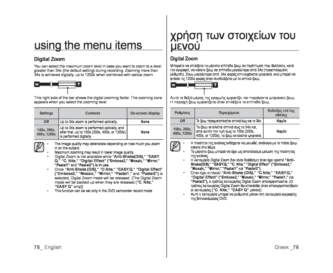 Samsung VP-DX103/XEE Digital Zoom, English, using the menu items, χρήση των στοιχείων του μενού, Greek, Settings, Contents 