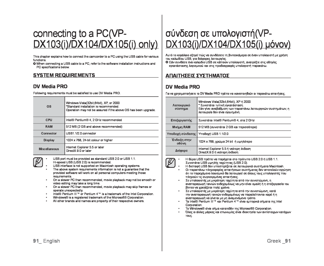 Samsung VP-DX100/EDC connecting to a PCVP- DX103i/DX104/DX105i only, σύνδεση σε υπολογιστήVP- DX103i/DX104/DX105i μόνον 