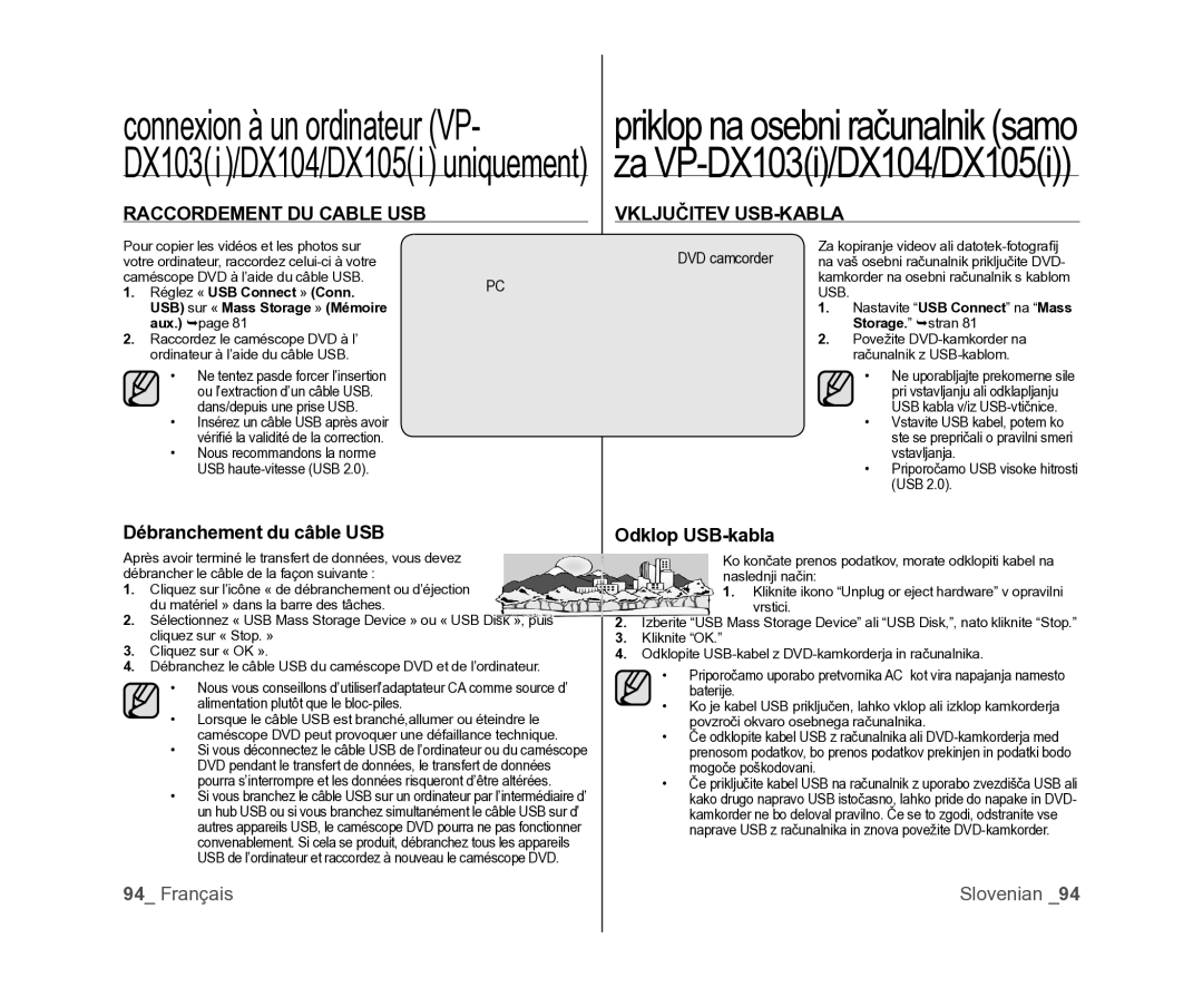 Samsung VP-MX25E/EDC manual Raccordement DU Cable USB, Débranchement du câble USB, Vključitev USB-KABLA, Odklop USB-kabla 