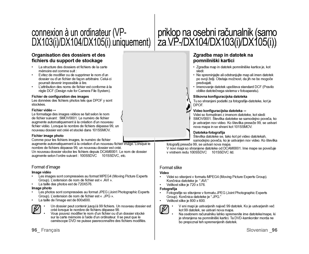 Samsung VP-DX105/XEF, VP-MX25E/EDC manual Zgradba map in datotek na pomnilniški kartici, Format d’image, Format slike 