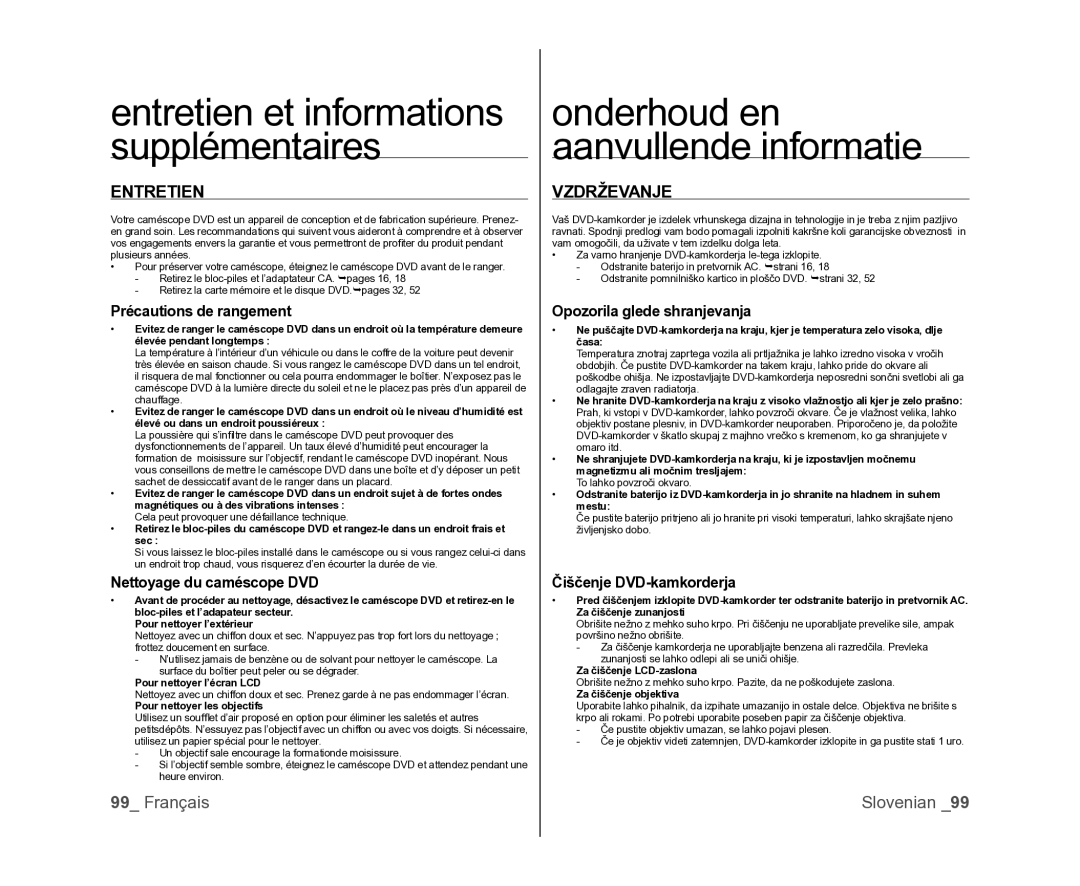 Samsung VP-DX105/XEF manual Entretien, Précautions de rangement, Nettoyage du caméscope DVD, Opozorila glede shranjevanja 