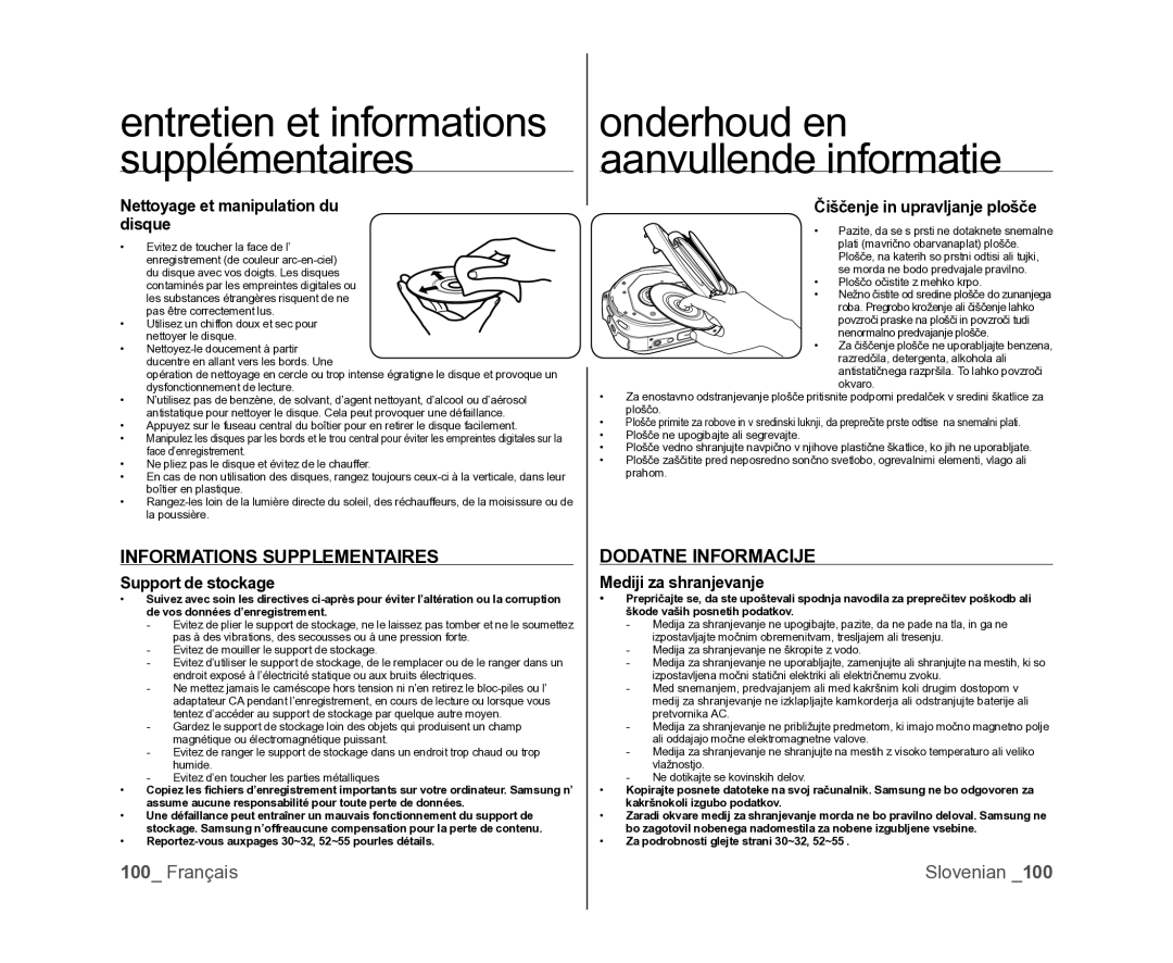 Samsung VP-MX25E/EDC manual Dodatne Informacije, Nettoyage et manipulation du disque, Čiščenje in upravljanje plošče 