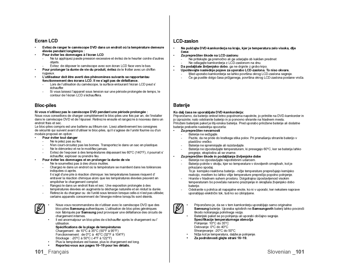 Samsung VP-DX100/XEF, VP-DX105/XEF, VP-MX25E/EDC manual Ecran LCD, LCD-zaslon, Baterije 