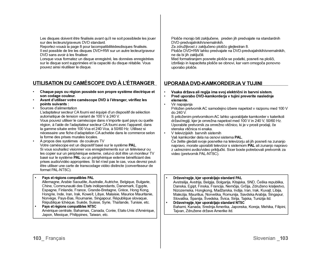 Samsung VP-MX25E/EDC, VP-DX105/XEF manual Utilisation DU Caméscope DVD À L’ÉTRANGER, Uporaba DVD-KAMKORDERJA V Tujini 