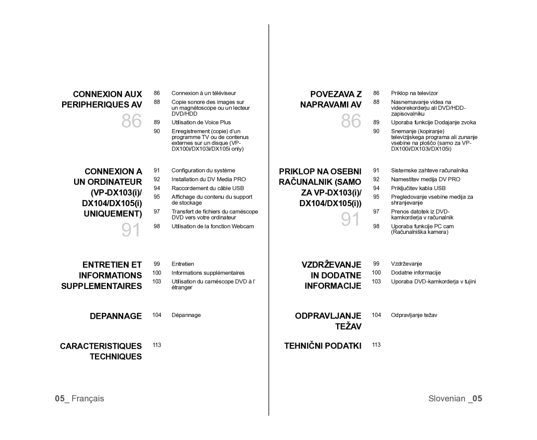 Samsung VP-DX100/XEF, VP-DX105/XEF manual Connexion AUX Peripheriques AV, Vzdrževanje, Dodatne, Informacije, Odpravljanje 