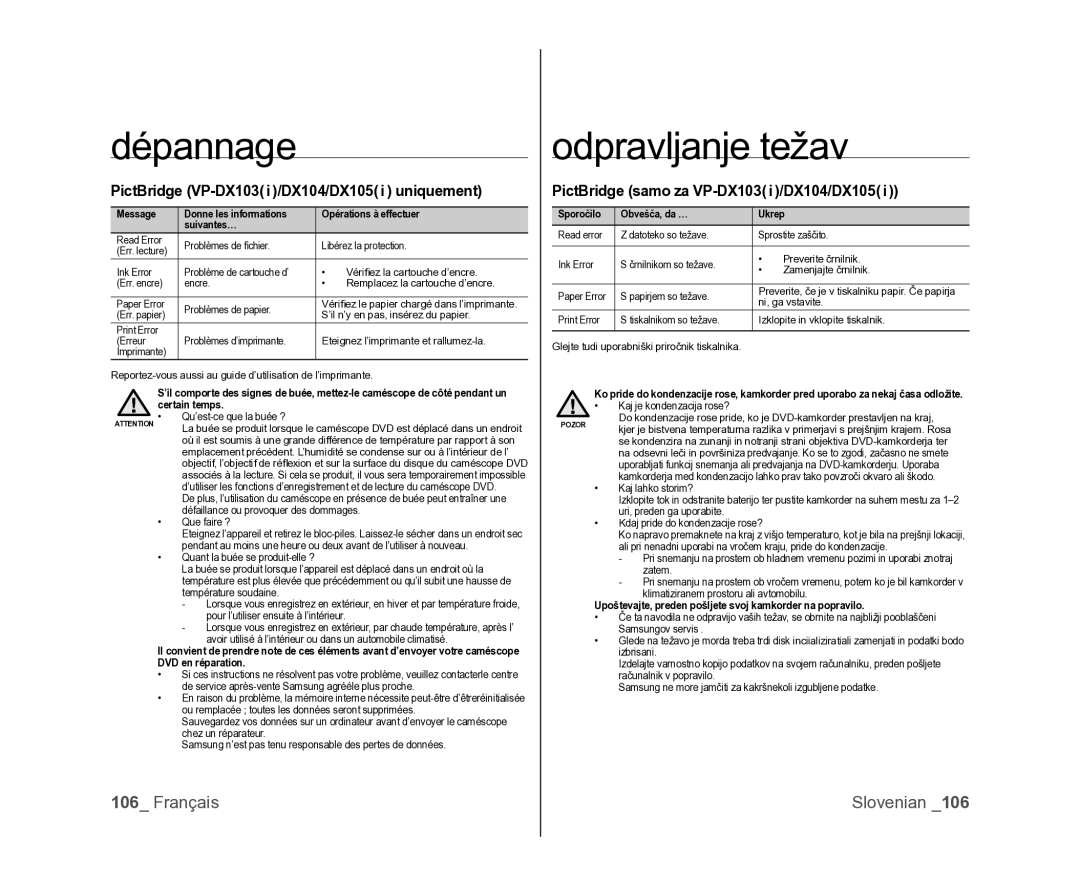 Samsung VP-MX25E/EDC manual PictBridge VP-DX103 i /DX104/DX105 i uniquement, PictBridge samo za VP-DX103 i /DX104/DX105 