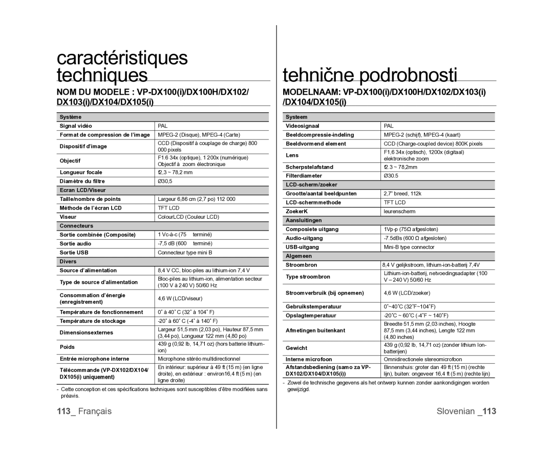 Samsung VP-DX100/XEF, VP-DX105/XEF manual Tehnične podrobnosti, Modelnaam VP-DX100i/DX100H/DX102/DX103i /DX104/DX105i 