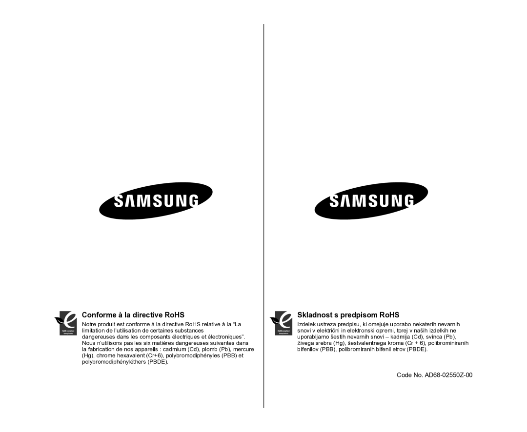 Samsung VP-DX100/XEF, VP-DX105/XEF, VP-MX25E/EDC manual Conforme à la directive RoHS, Skladnost s predpisom RoHS 