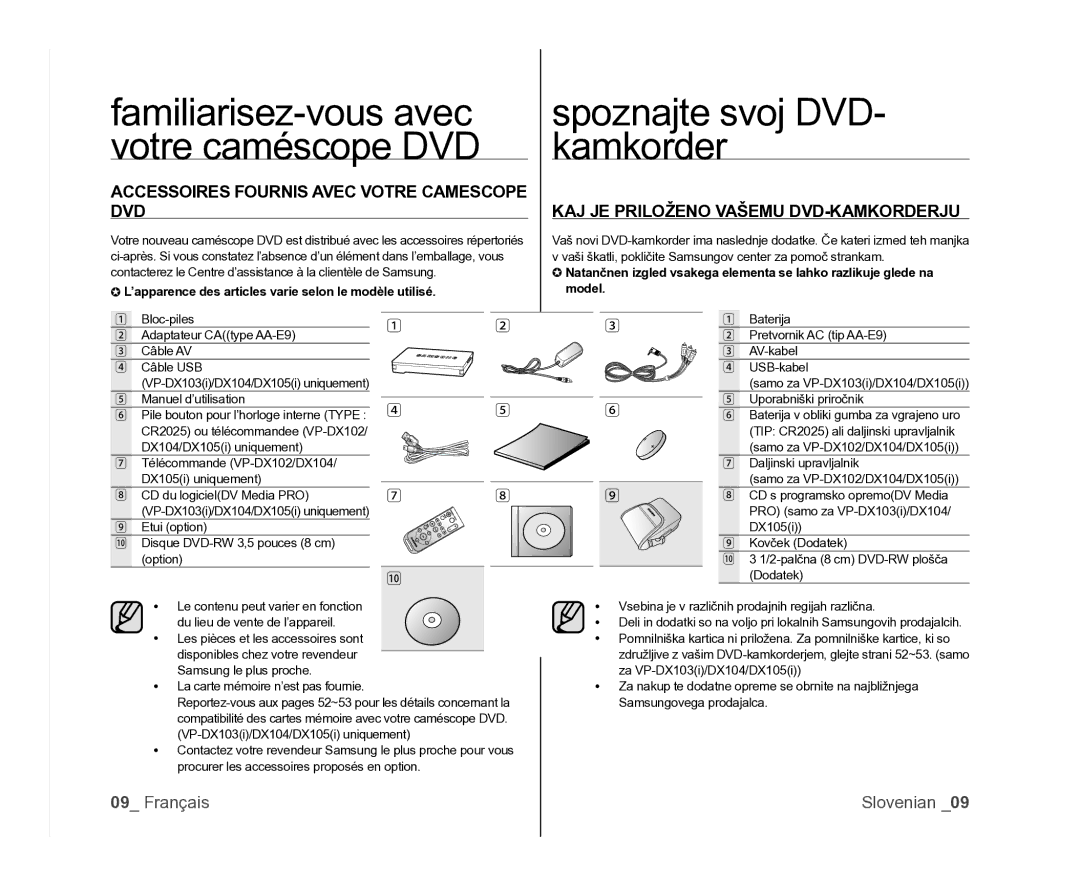 Samsung VP-DX105/XEF, VP-MX25E/EDC Accessoires Fournis Avec Votre Camescope DVD, KAJ JE Priloženo Vašemu DVD-KAMKORDERJU 