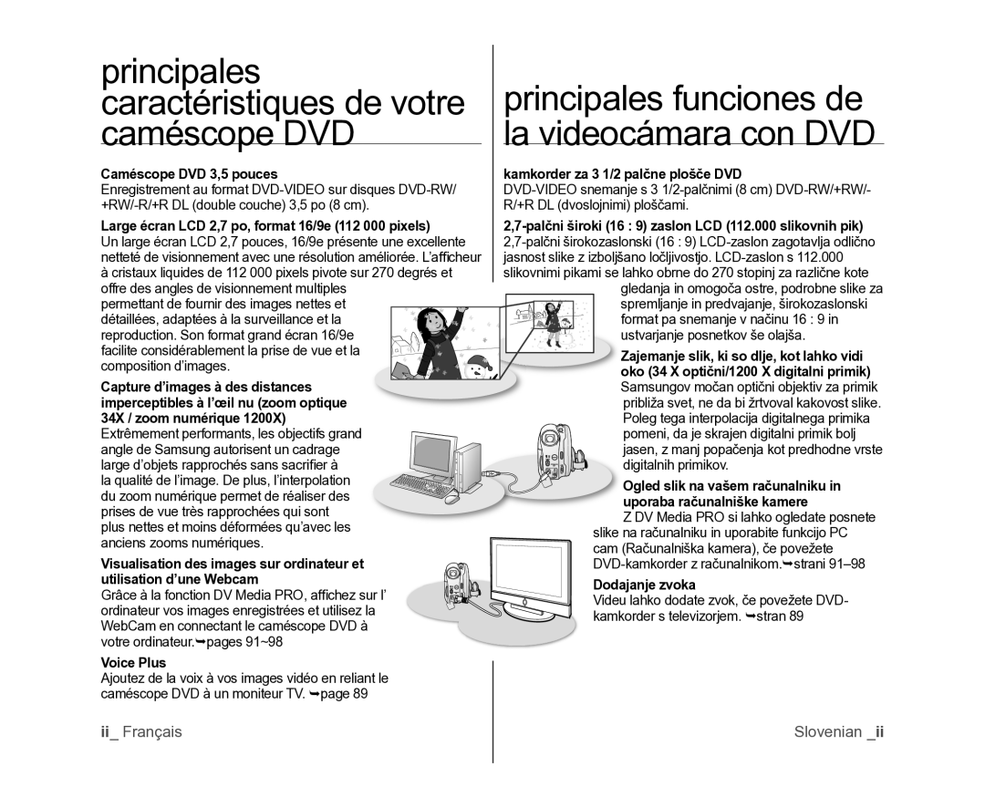 Samsung VP-DX100/XEF manual Caméscope DVD 3,5 pouces, Large écran LCD 2,7 po, format 16/9e 112 000 pixels, Voice Plus 