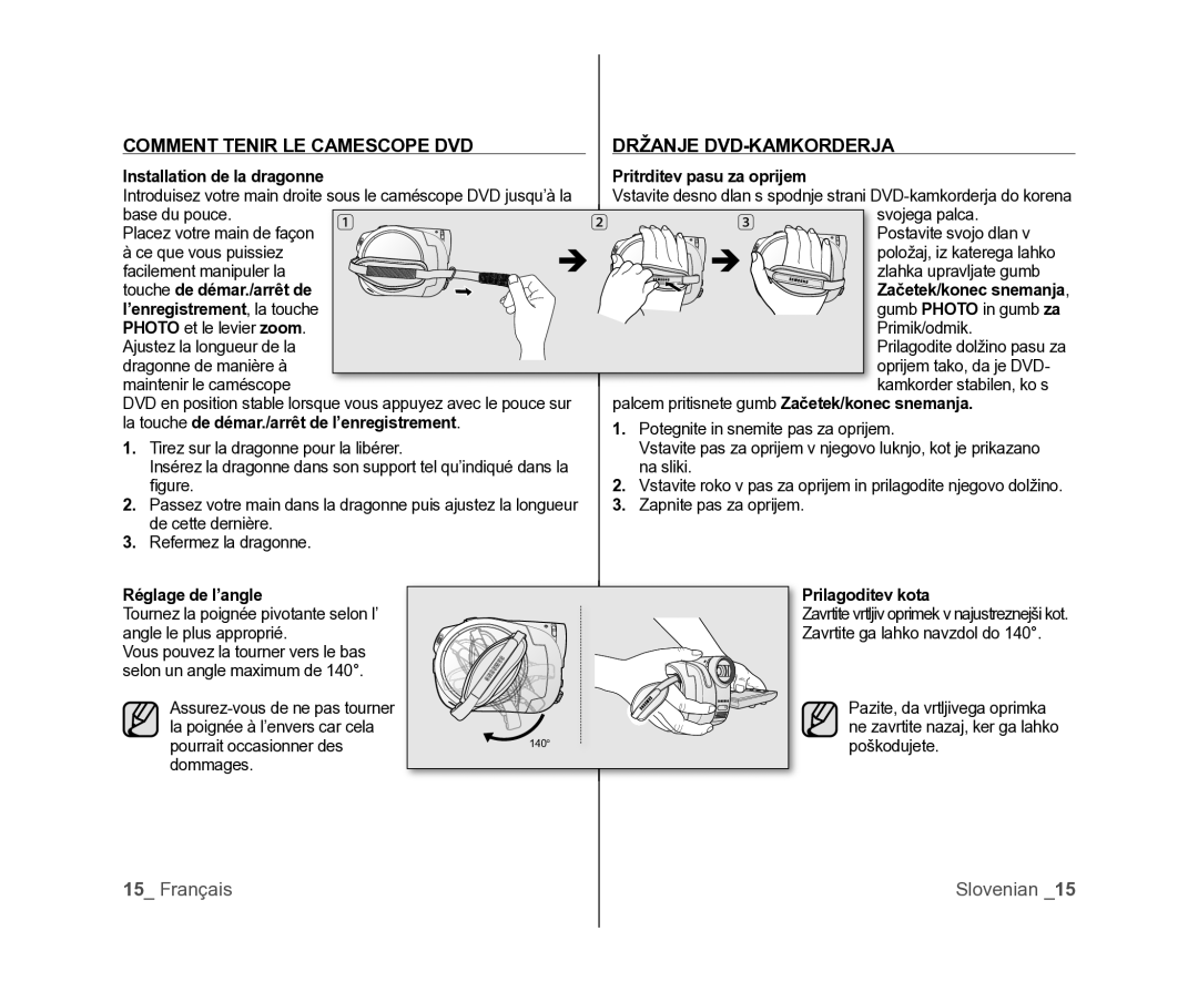 Samsung VP-DX105/XEF, VP-MX25E/EDC, VP-DX100/XEF manual Comment Tenir LE Camescope DVD Držanje DVD-KAMKORDERJA 
