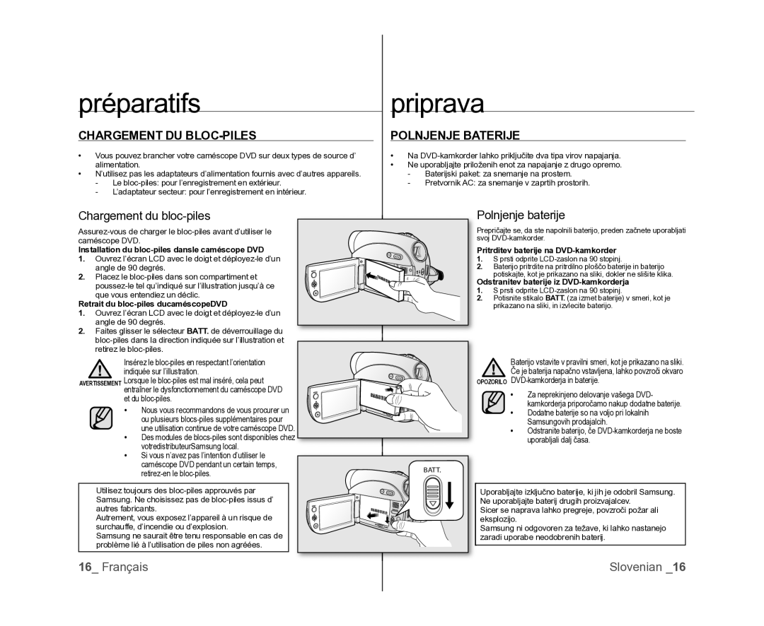 Samsung VP-MX25E/EDC manual Préparatifspriprava, Chargement DU BLOC-PILES, Polnjenje Baterije, Chargement du bloc-piles 